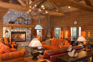 Great Room with Stone Fireplace in Lazy Triple Creek Corporate Retreat Lodge in Idaho